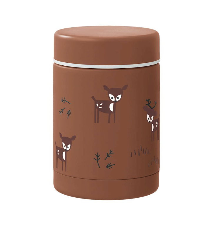 tarro termo redondo marrón con cervatillos para alimentos.